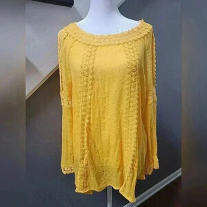 Zac and Rachel Top LARGE Yellow Crochet Trim Cold Shoulder Gauzy Resort Vacation